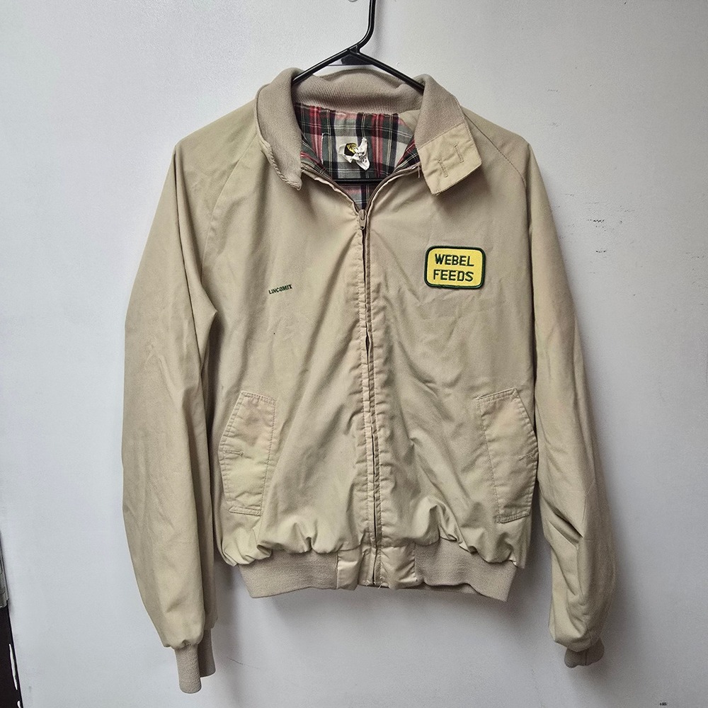 Vintage K-Brand Webel Feeds Harrington Jacket Tan Plaid Lined Made in USA Large